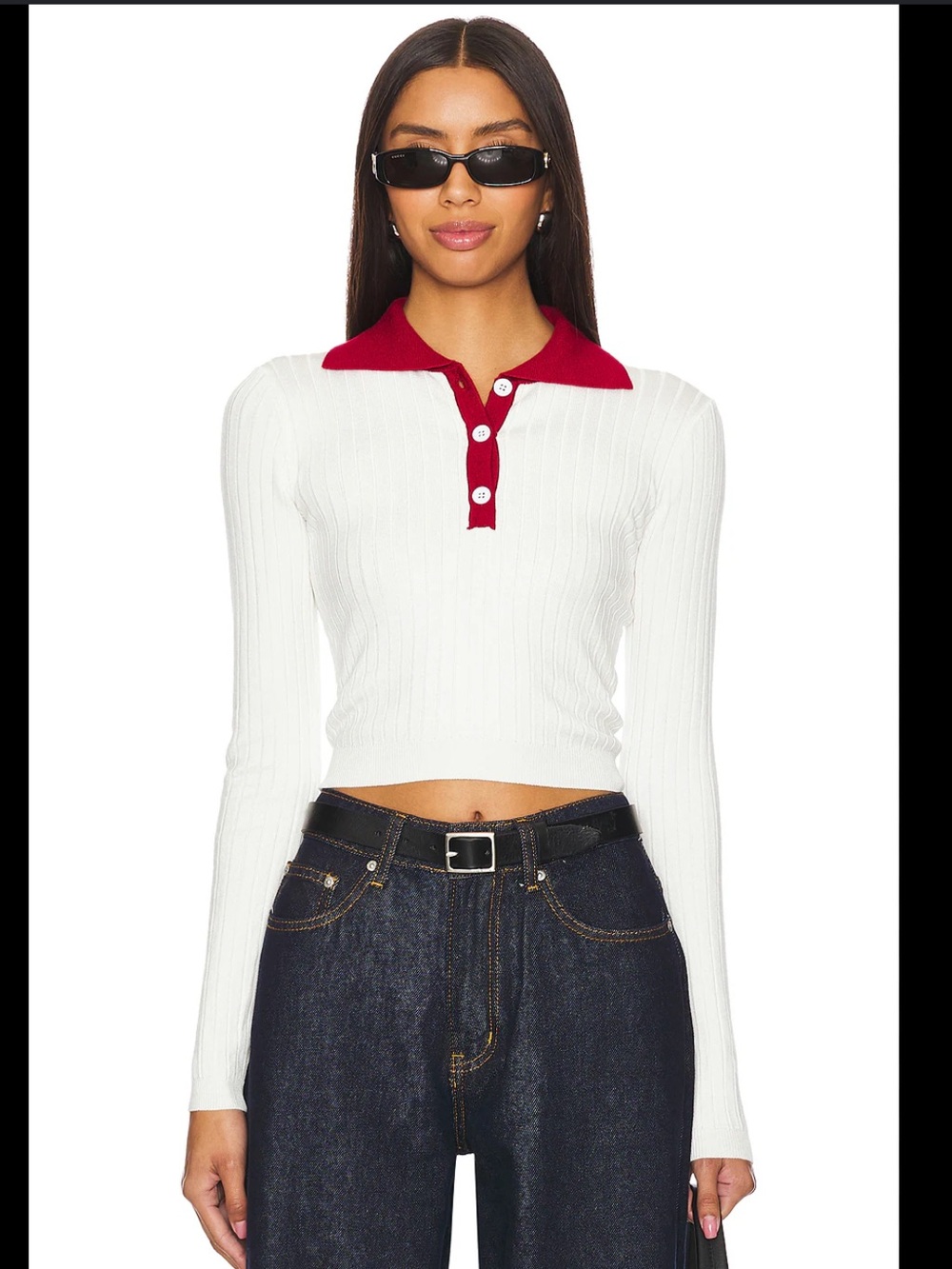 REVOLVE Helena Ribbed Crop Polo Top - White & Burgundy